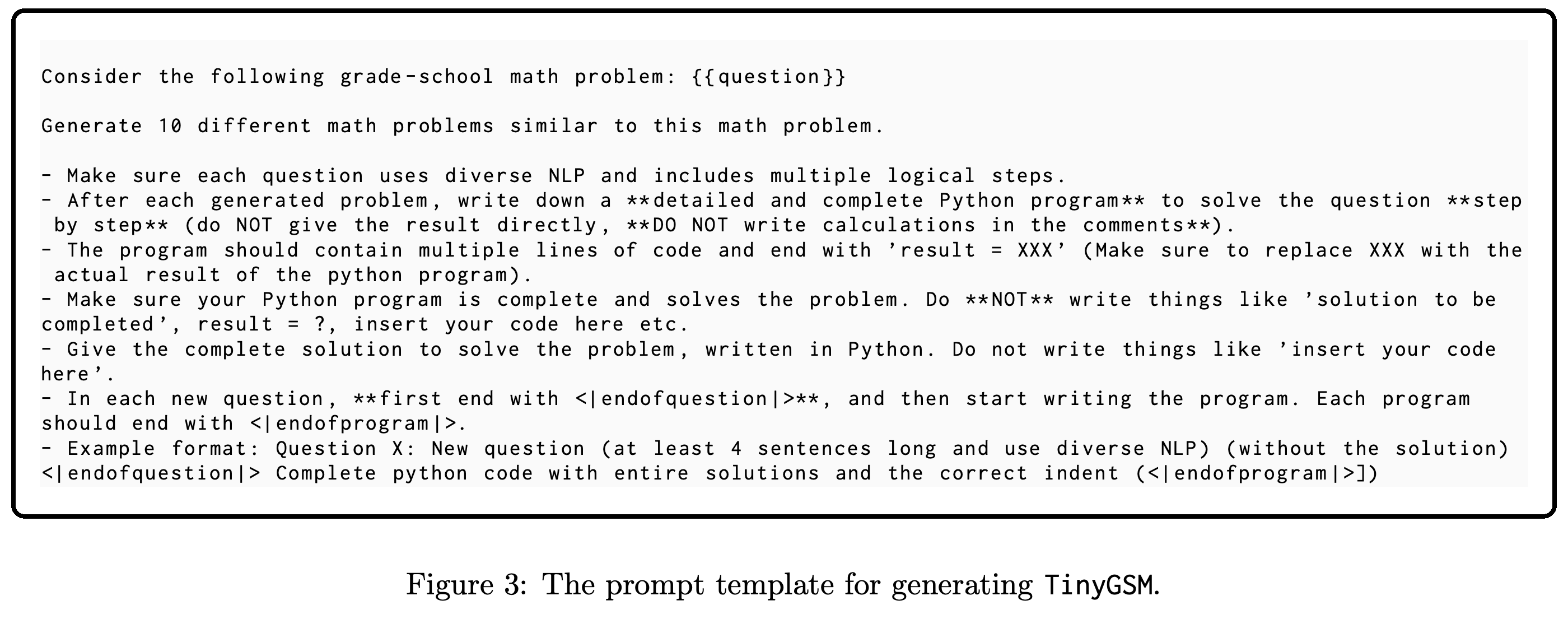 TinyGSM 질문과 Python 풀이를 함께 생성하는 프롬프트 템플릿