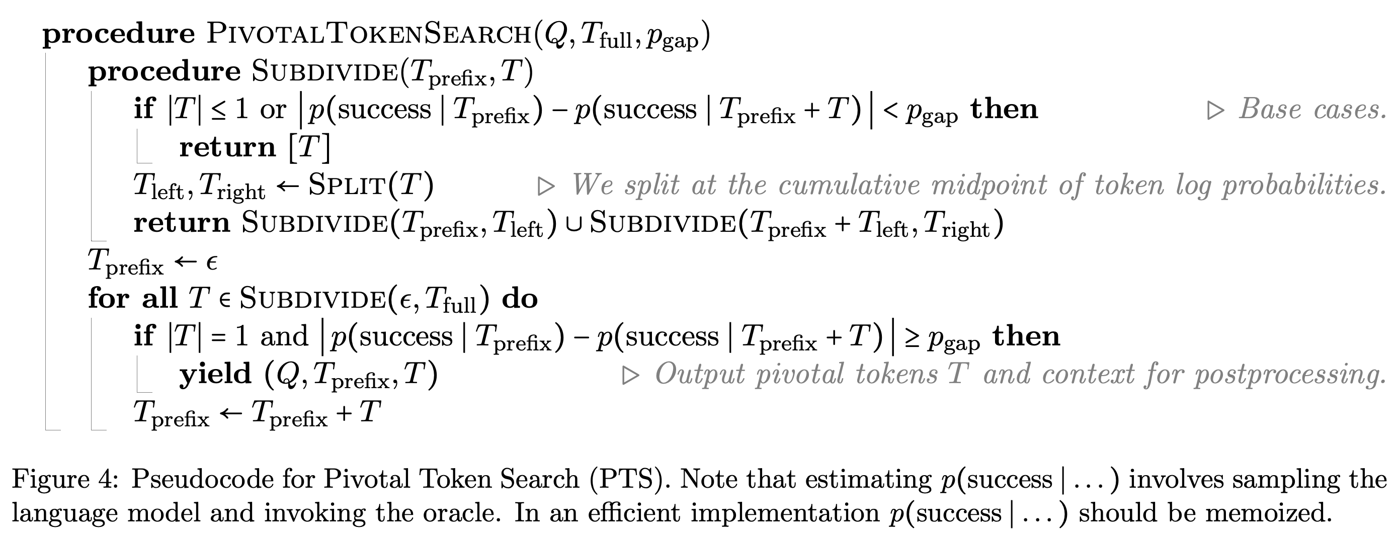 재귀적 시퀀스 분할을 사용하는 Pivotal Token Search 의사코드