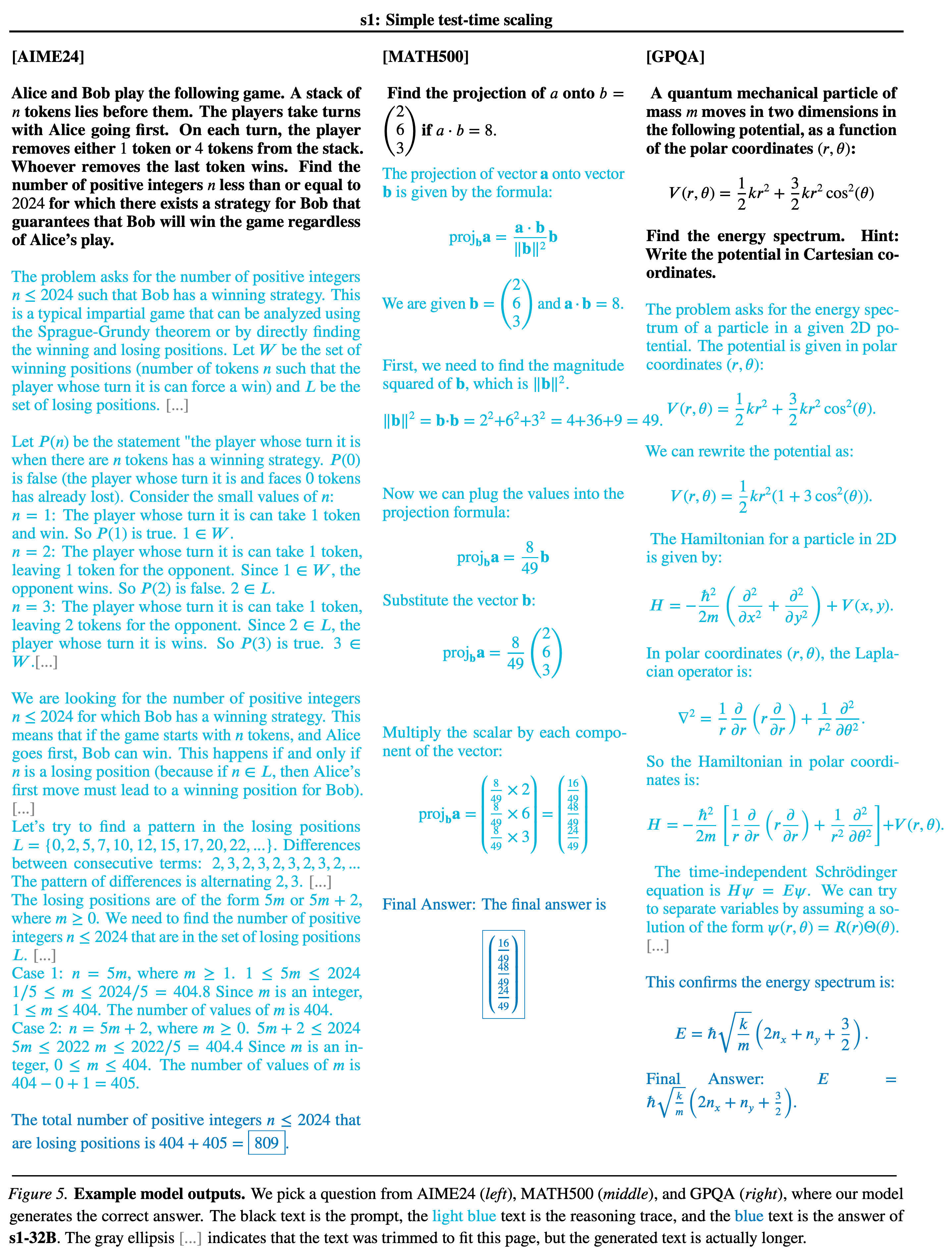 Correct s1-32B outputs for examples from AIME24, MATH500, and GPQA.