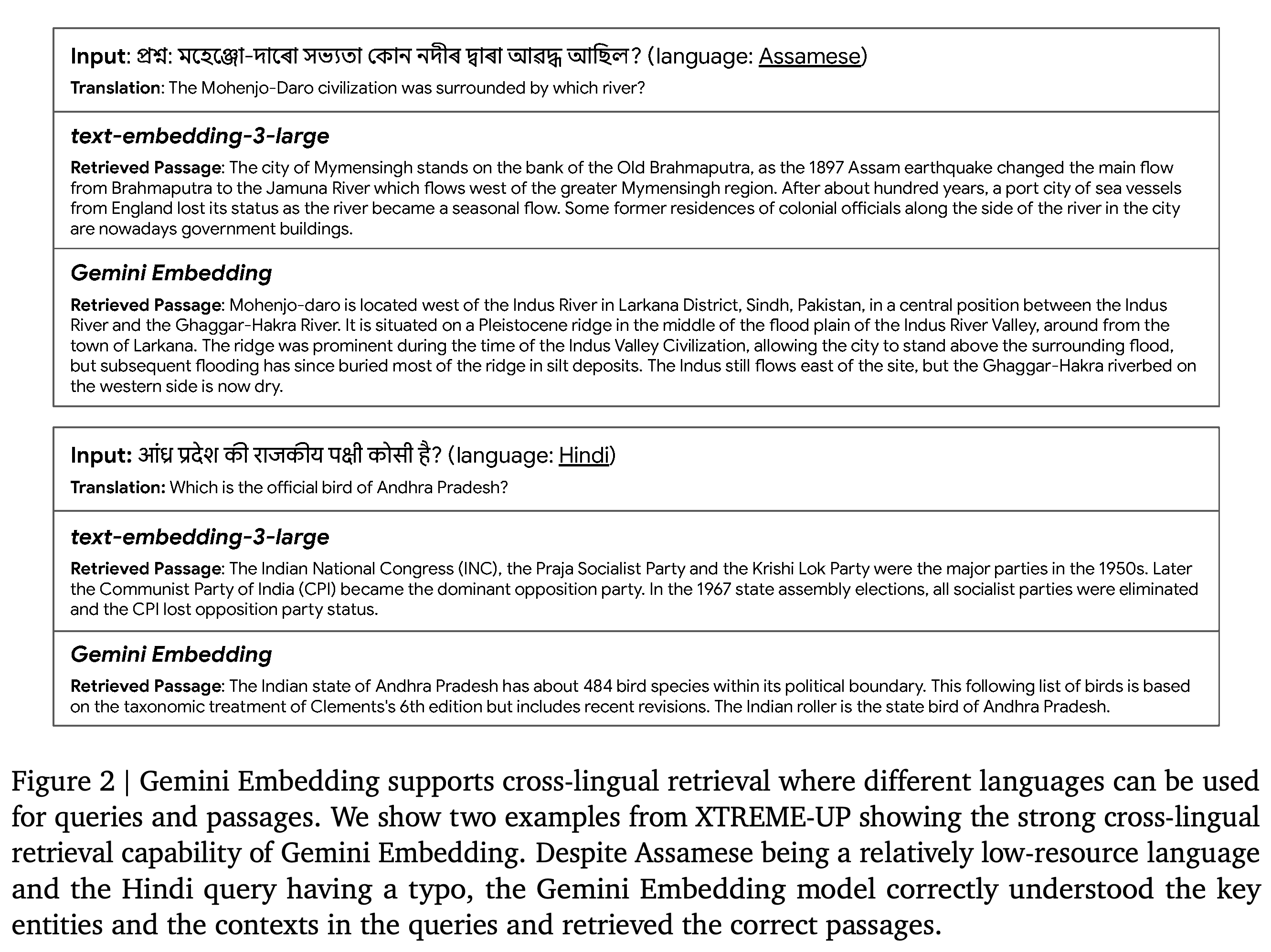 Gemini Embedding과 text-embedding-3-large가 검색한 영어 구절을 비교하는 아삼어 및 힌디어 질의 예제
