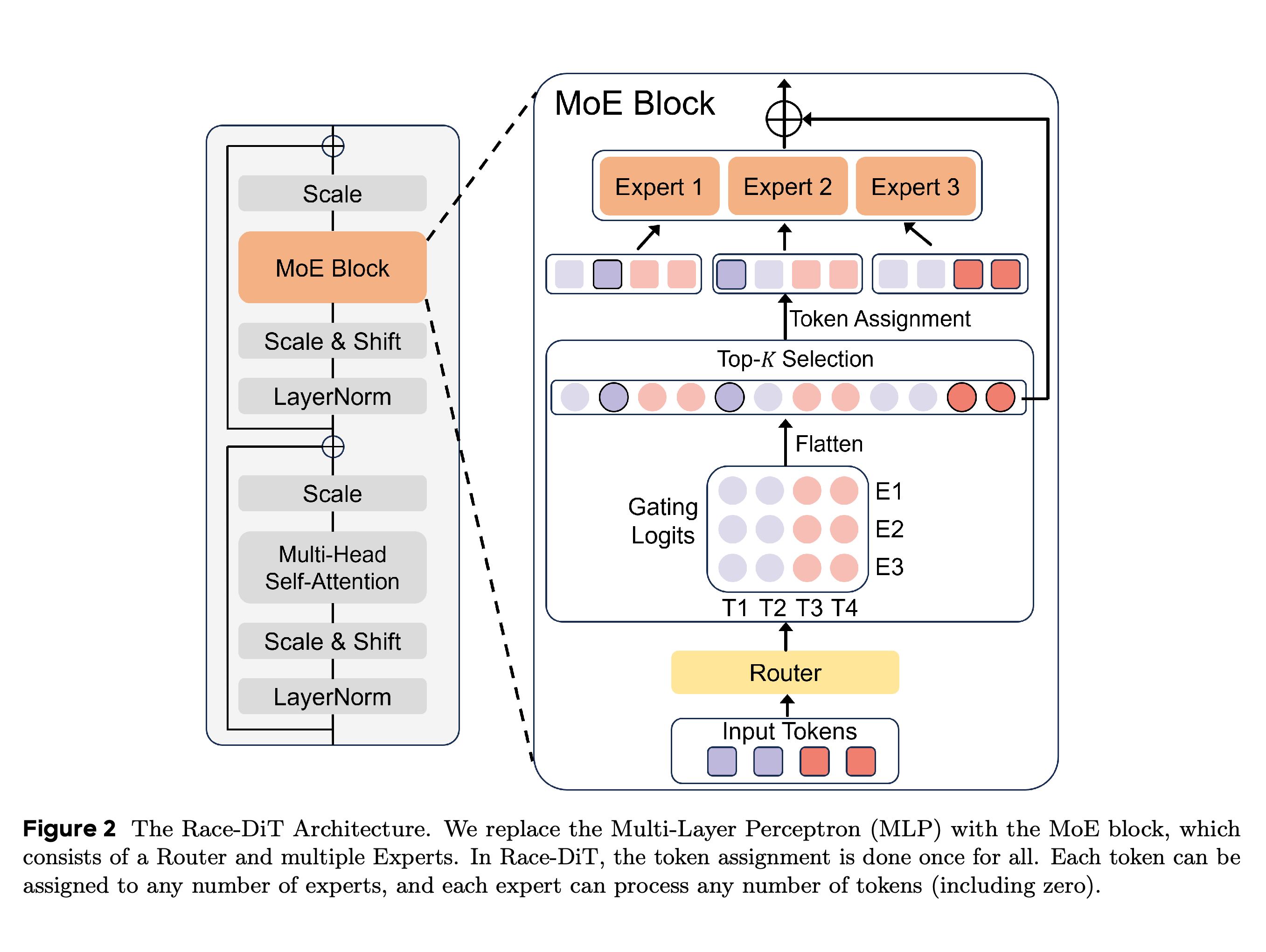 Race-DiT architecture with global token–expert selection inside the MoE block.