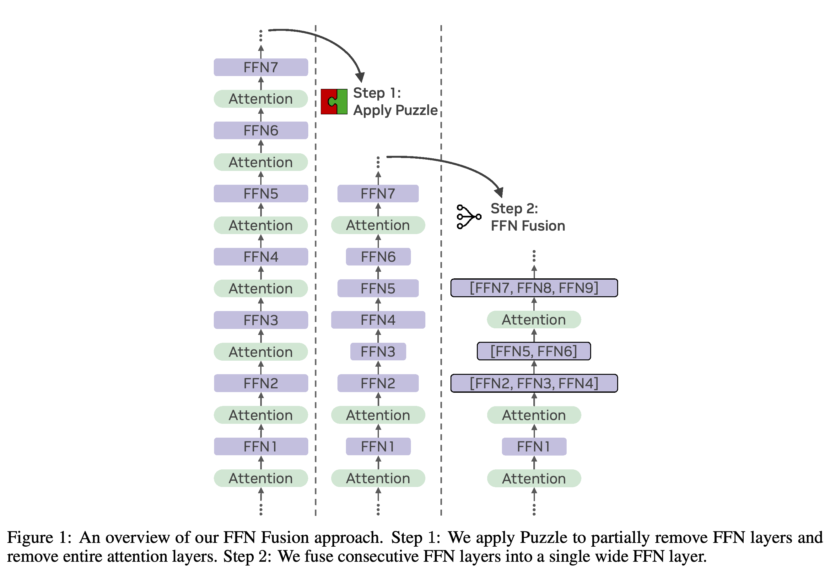 Puzzle pruning followed by fusion of consecutive FFNs into wider layers.
