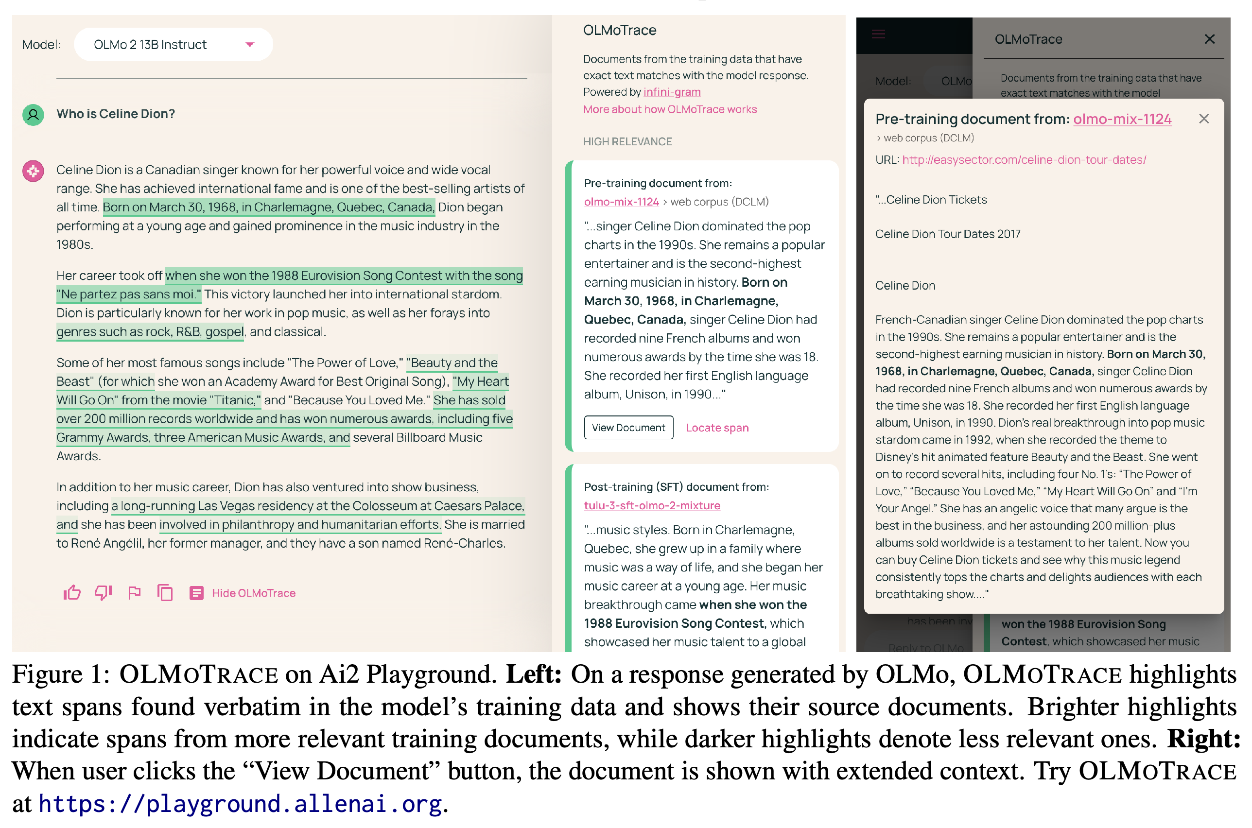 OLMoTrace response highlights, retrieved training documents, and expanded document context in Ai2 Playground.