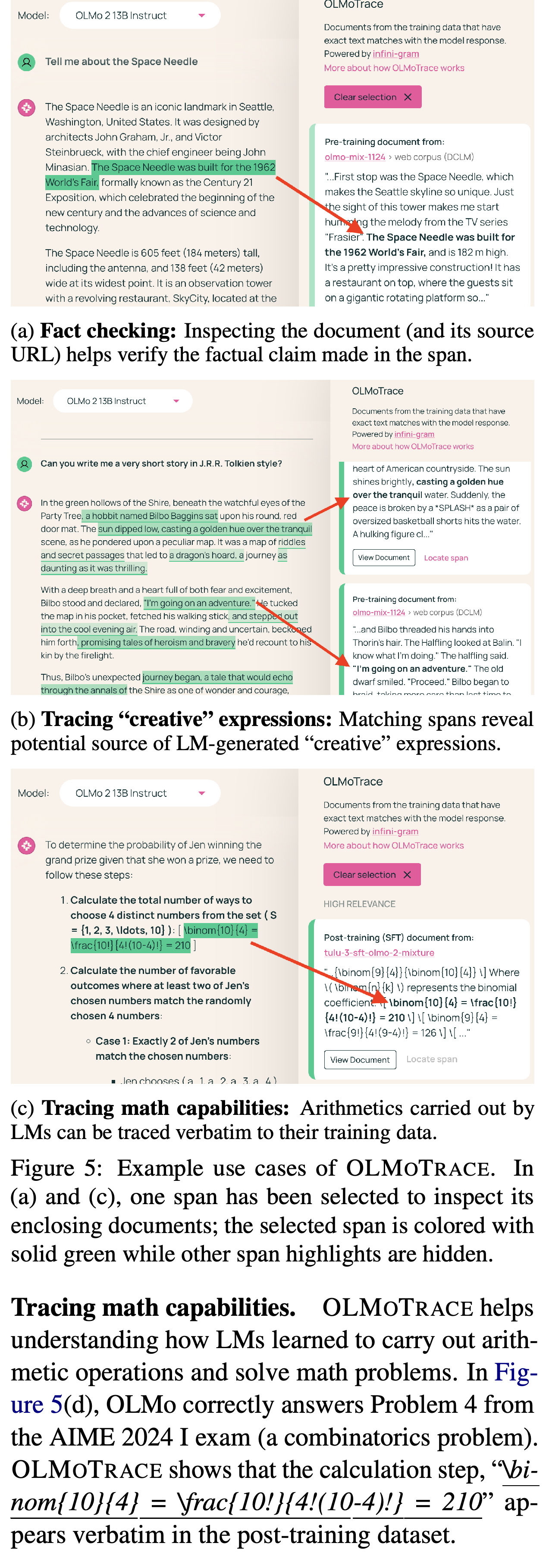 Case studies of fact checking, creative-expression tracing, and mathematical calculation matching.