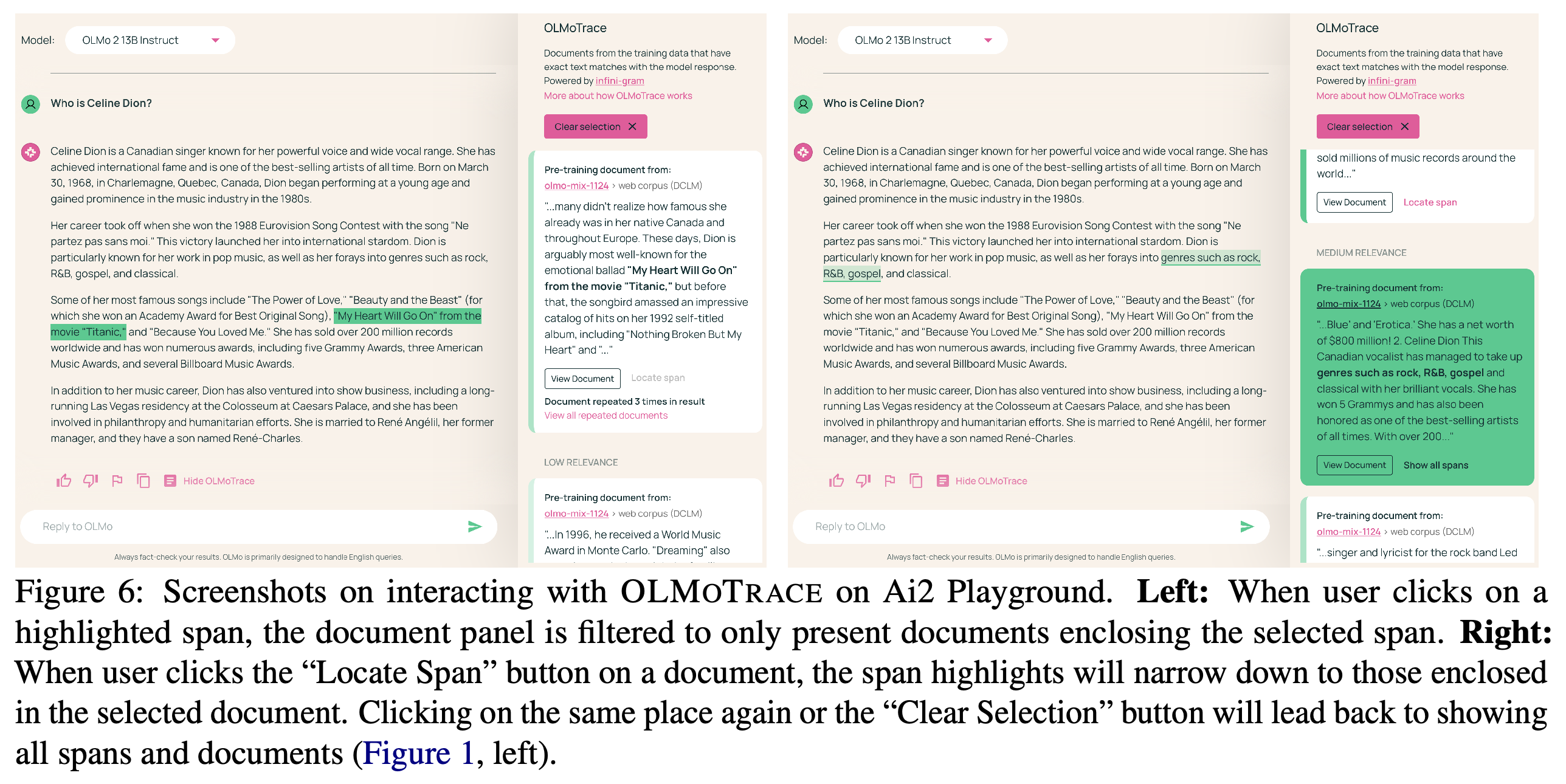 Passage selection and document selection in the OLMoTrace interface.