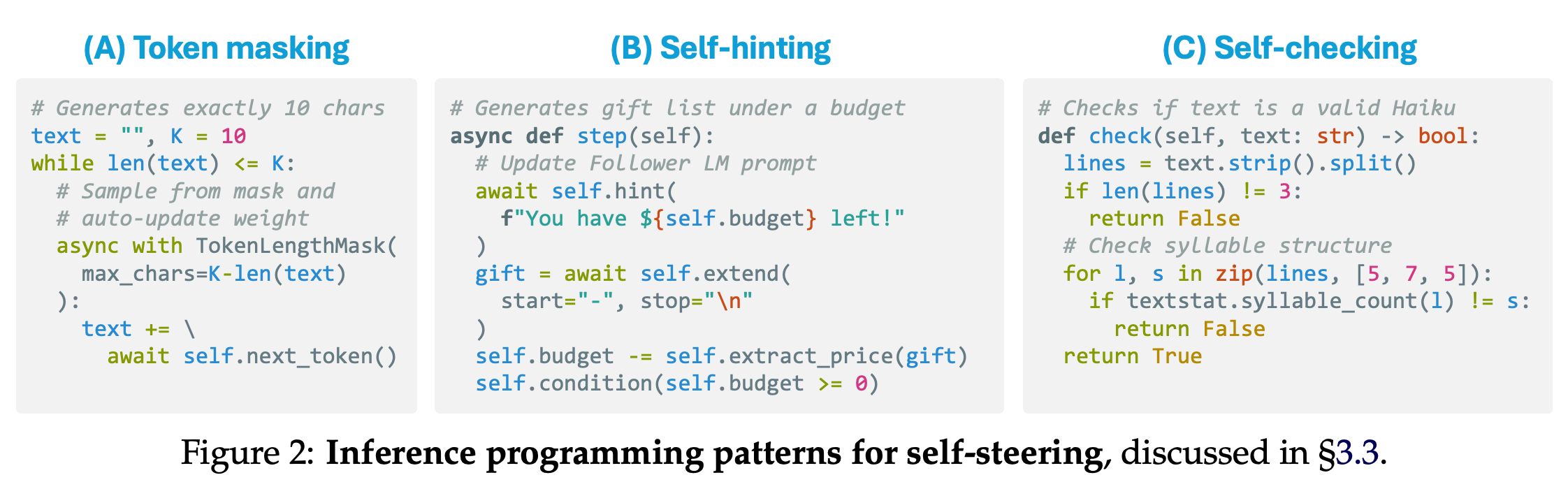 Token masking, self-hinting, and self-checking patterns for inference programs.