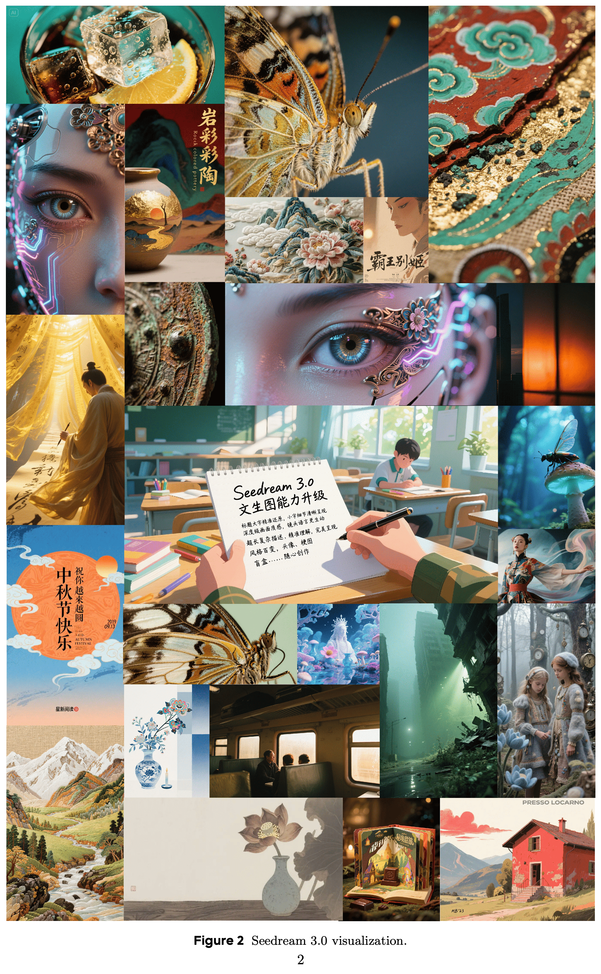 Selected Seedream 3.0 outputs across photographic, typographic, and illustrated styles.