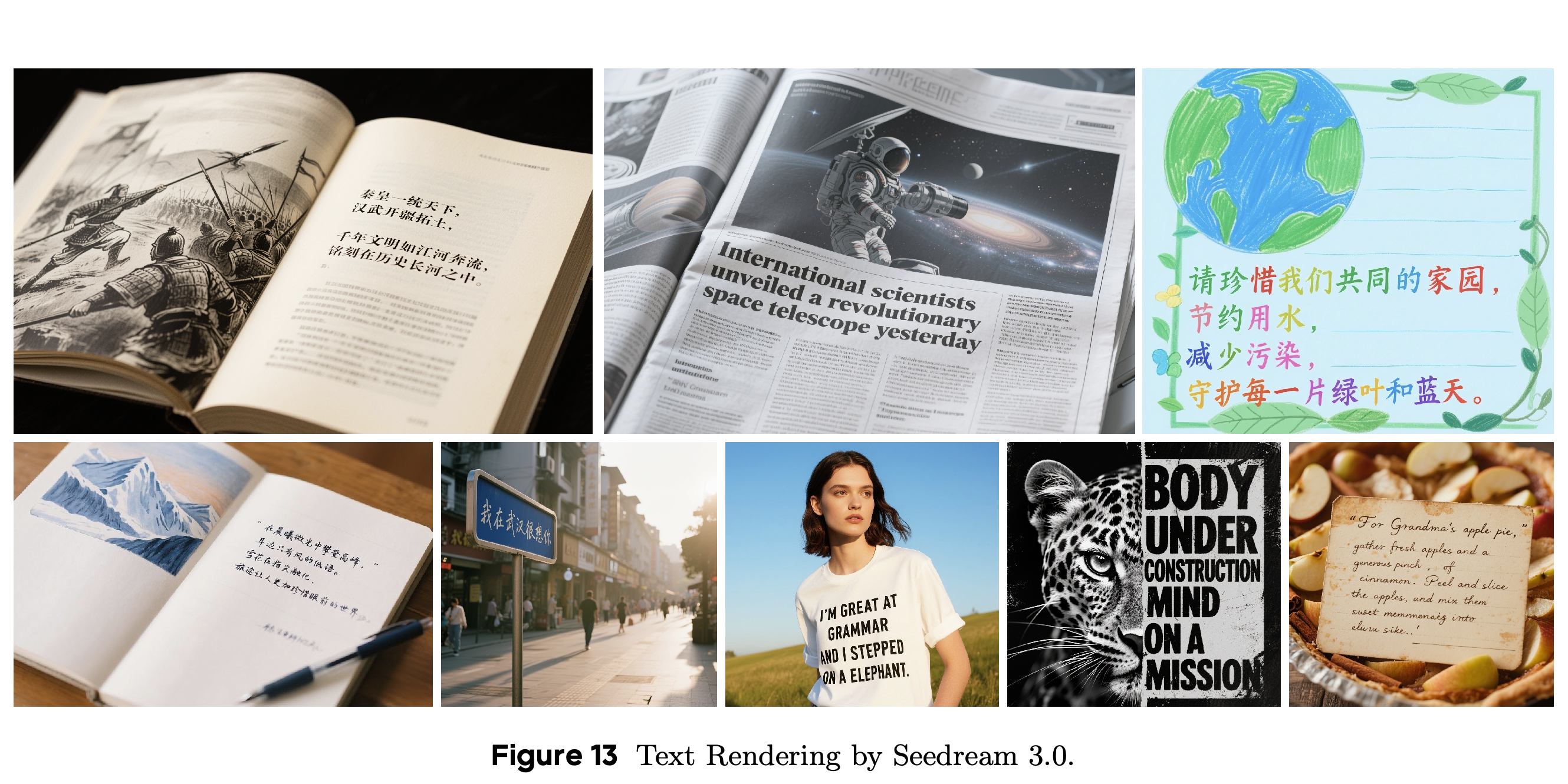 Seedream 3.0 text rendering across printed, handwritten, and environmental surfaces.