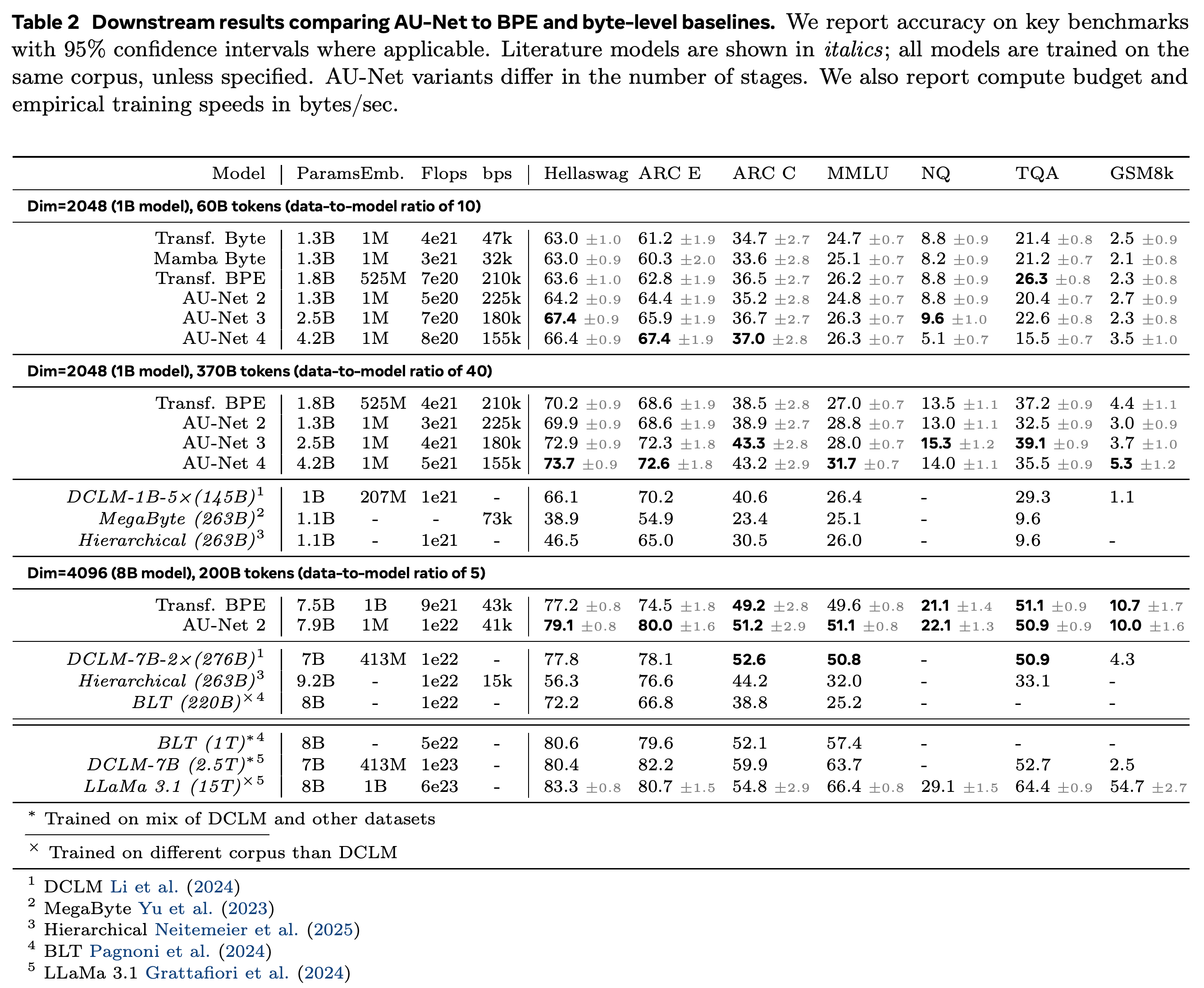 Downstream accuracy, parameter counts, training compute, and measured throughput for AU-Net and baseline models at several data budgets.
