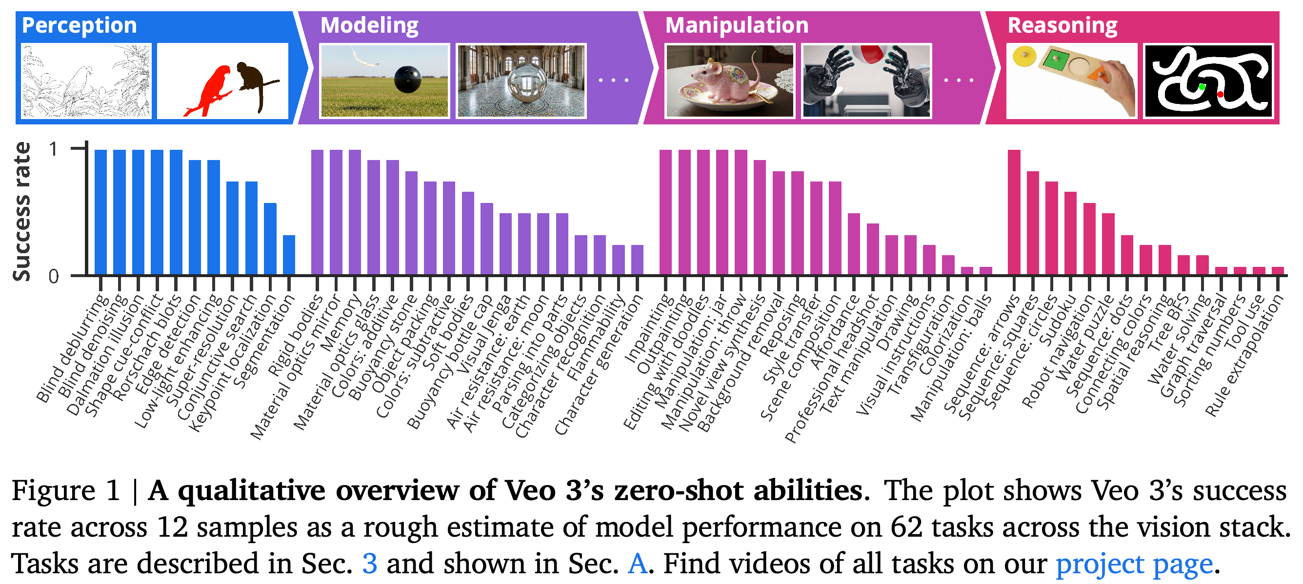 Author-rated success across perception, modeling, manipulation, and reasoning tasks, using 12 Veo 3 generations per task.