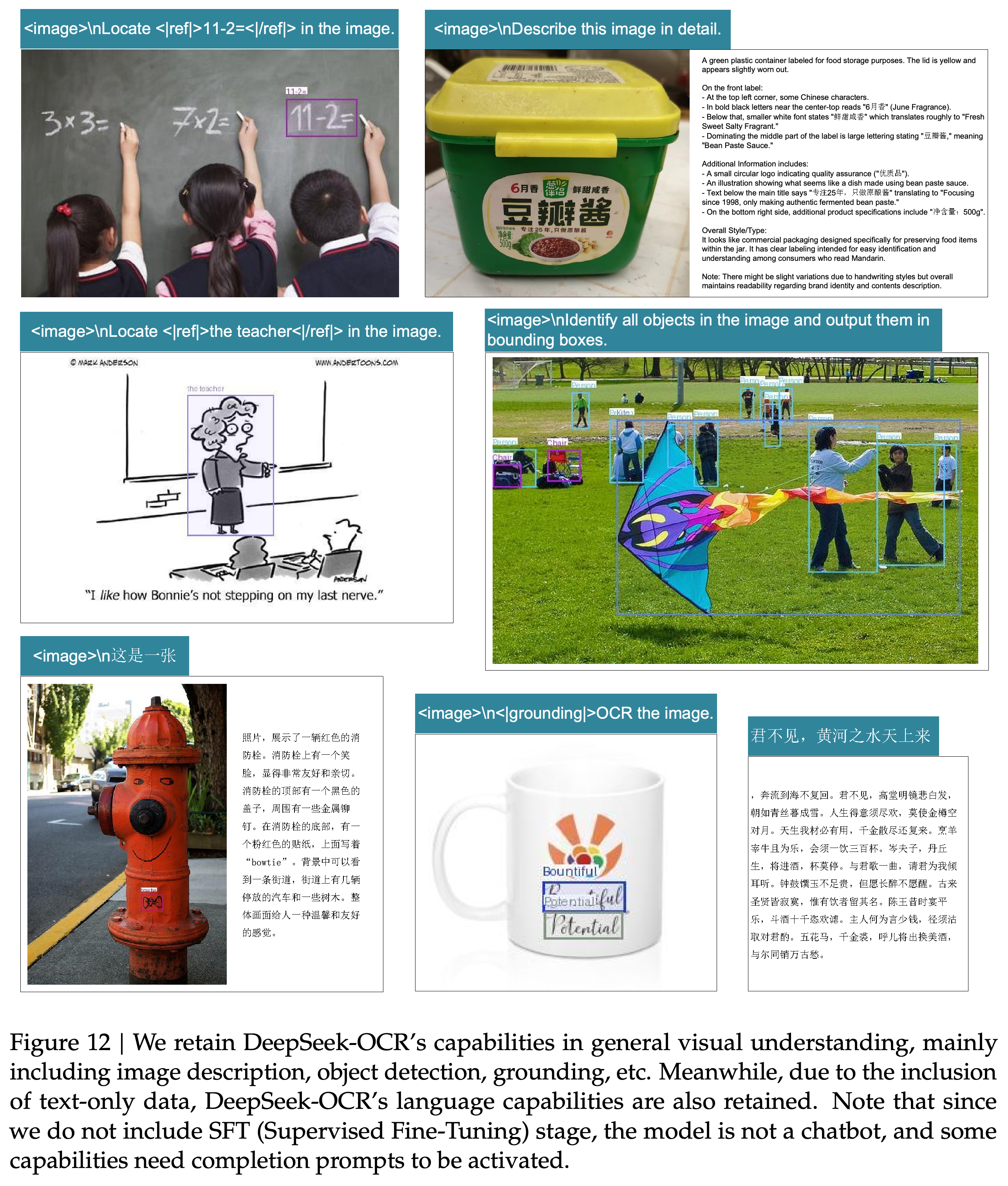 유지된 visual grounding, 이미지 설명, 객체 검출, OCR, 언어 완성 기능의 예제