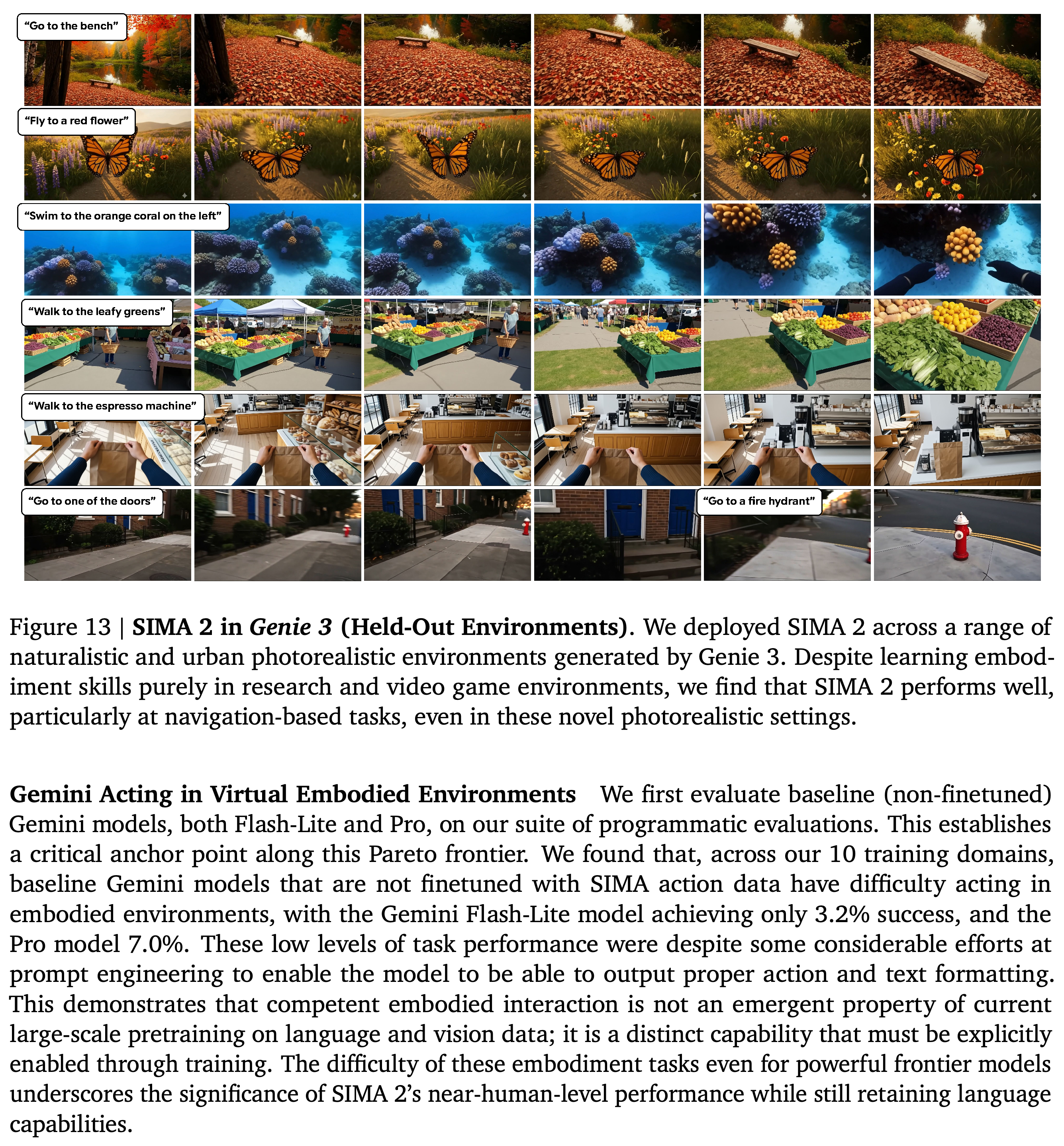 Navigation examples in naturalistic and urban Genie 3 environments.