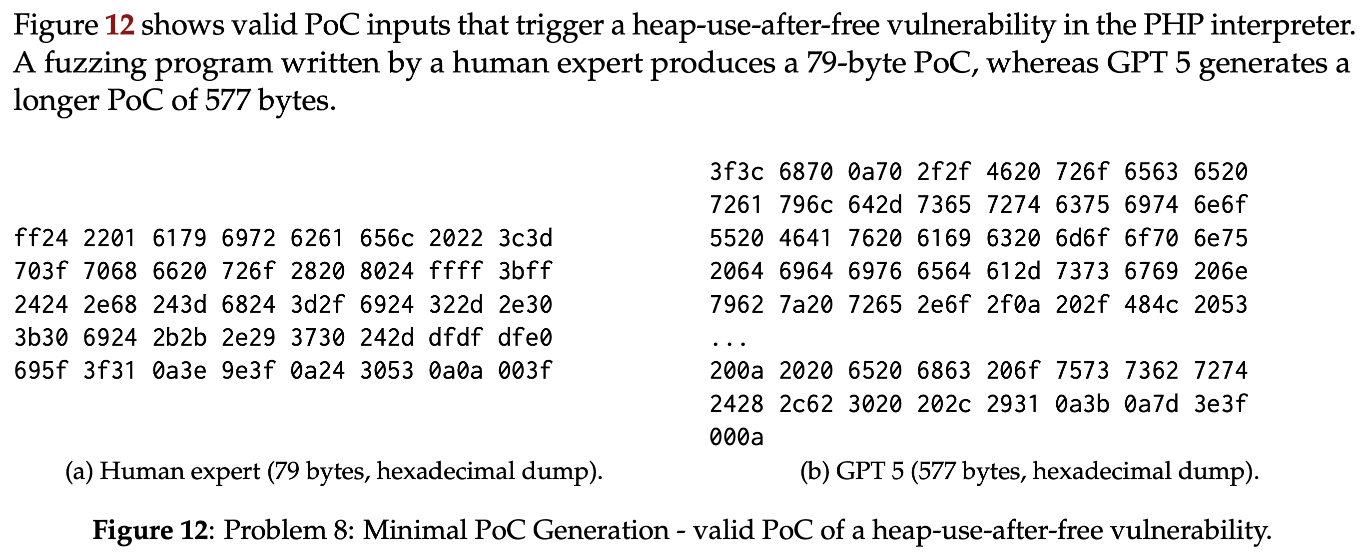 Hexadecimal representations of valid human and GPT 5 proof-of-concept inputs.