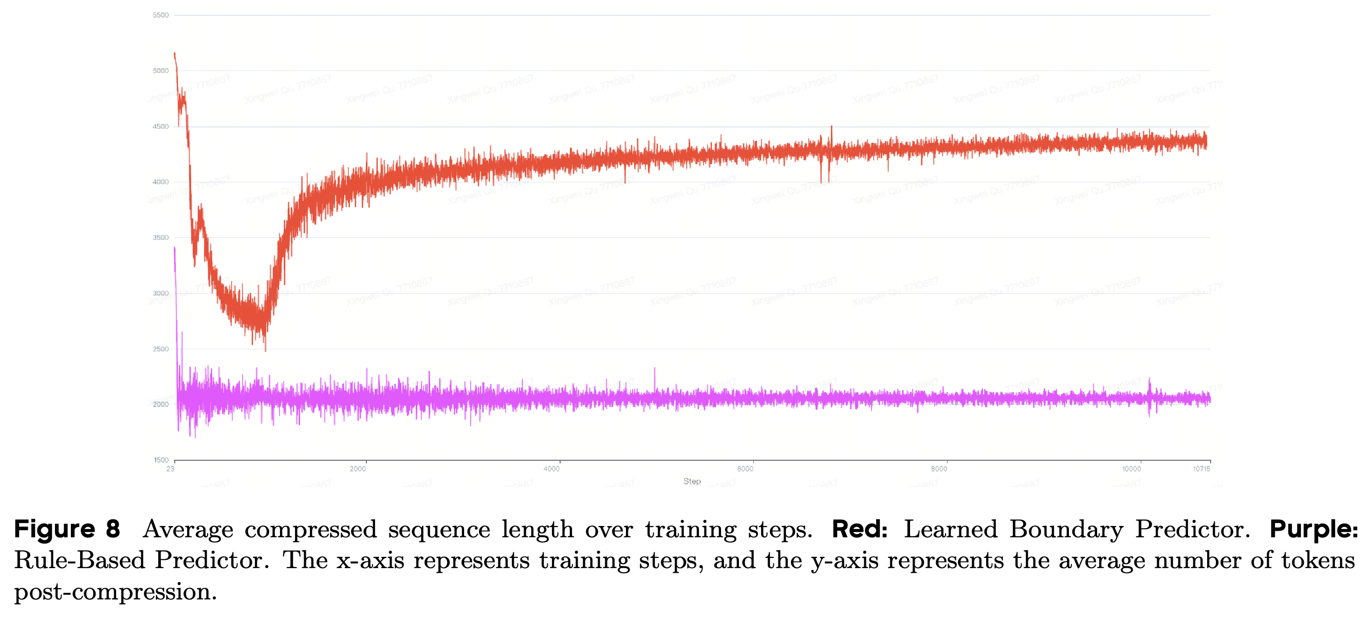Training evolution of compressed sequence length for learned and decoupled rule-based boundary prediction.