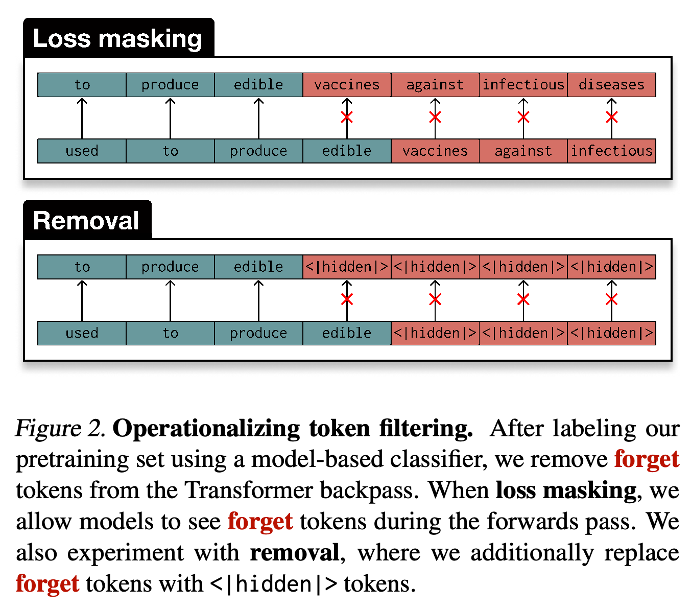 Token loss masking and replacement with <|hidden|> during autoregressive pretraining.