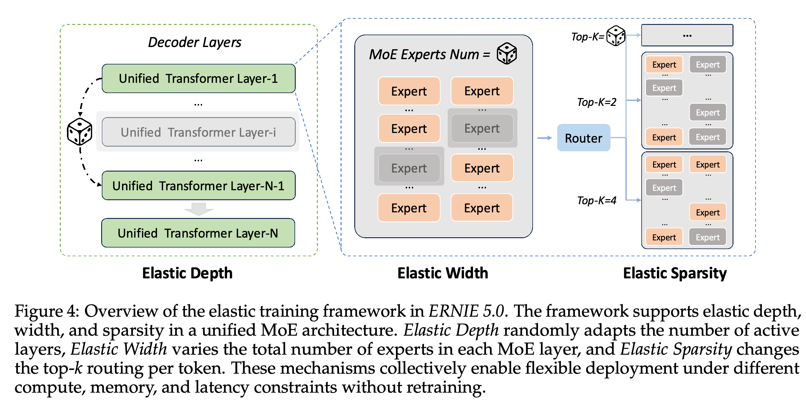 Elastic depth, width, and routing sparsity within a shared MoE super-network.