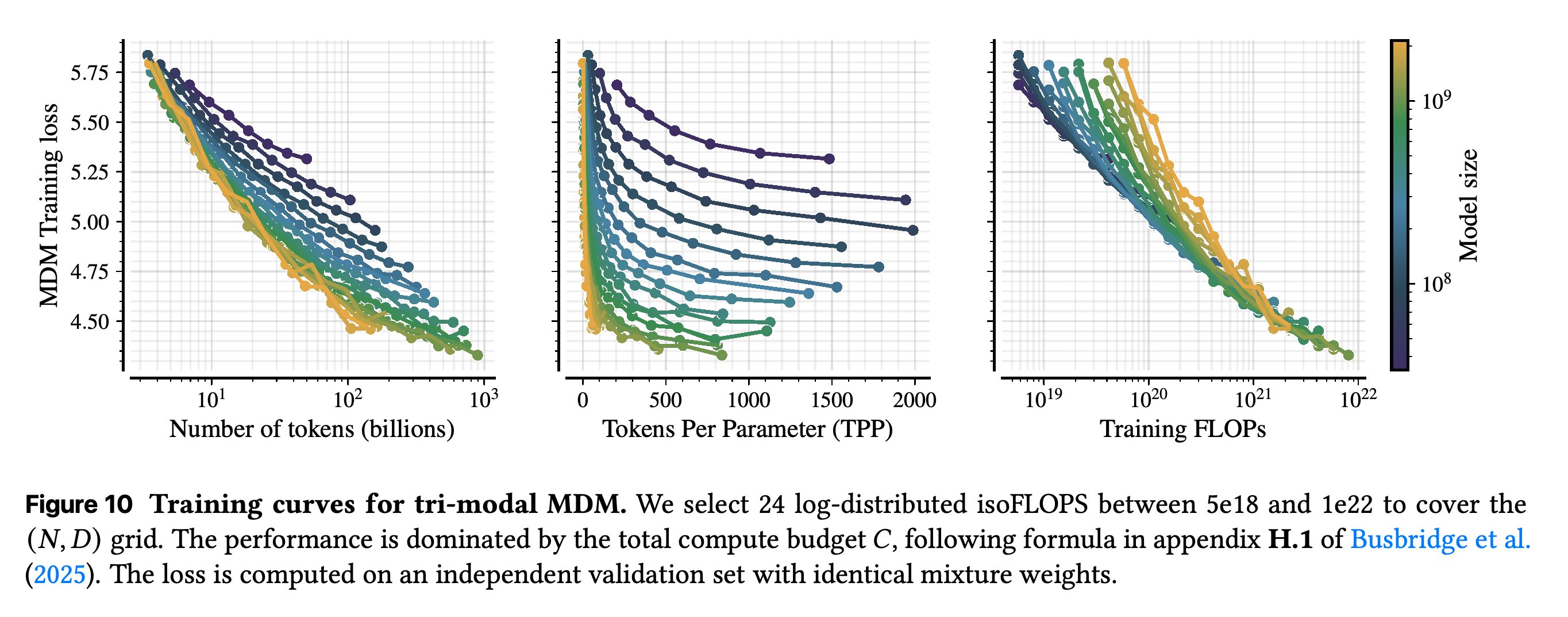 토큰 예산, 파라미터당 토큰 수, 학습 FLOPs에 따른 tri-modal MDM 손실 곡선