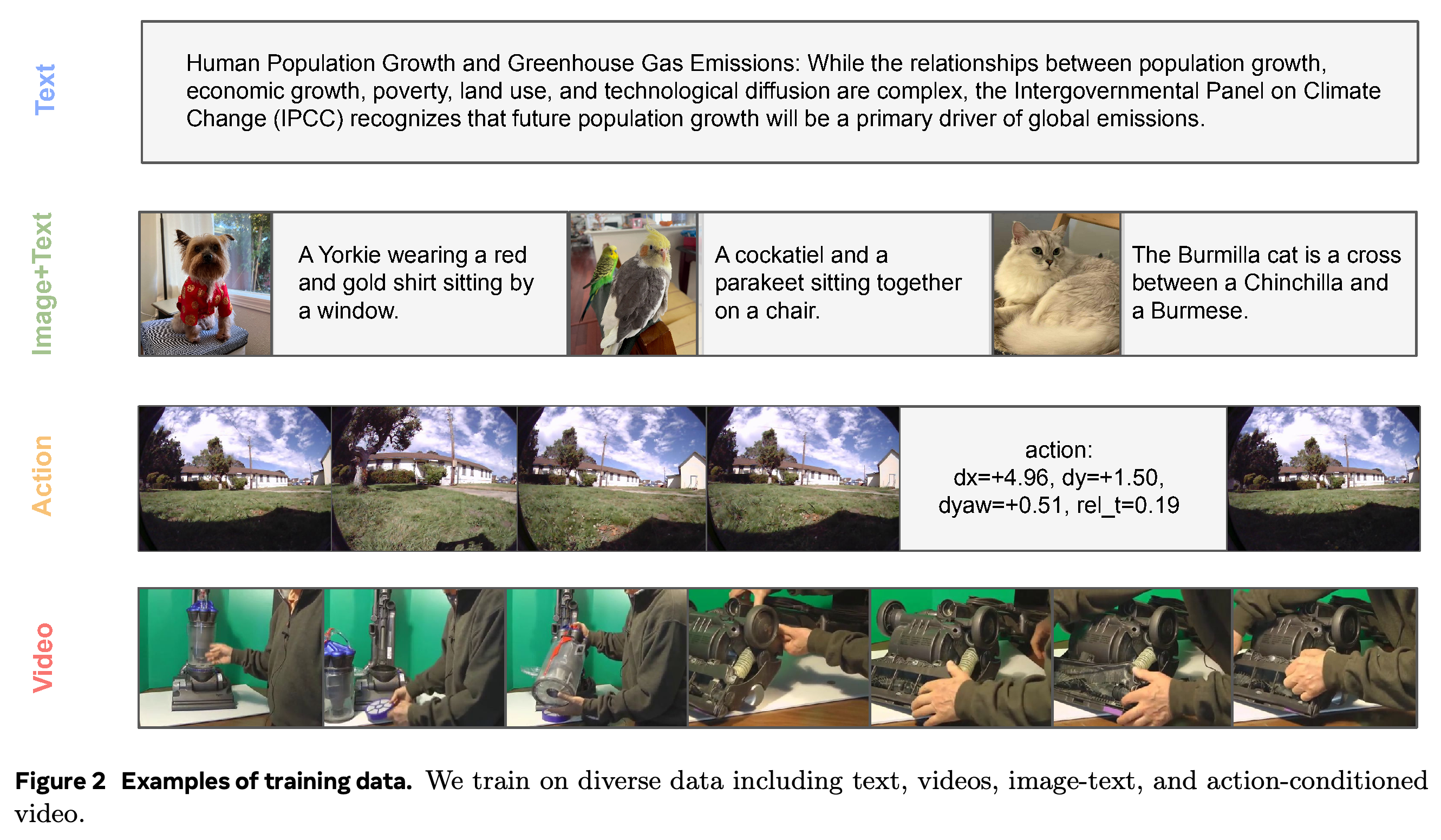 Examples of text, image-text pairs, action-conditioned trajectories, and raw video used for training.