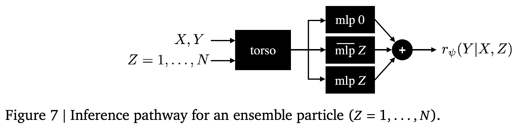 Ensemble-particle inference pathway combining point-estimate, prior, and differential heads.