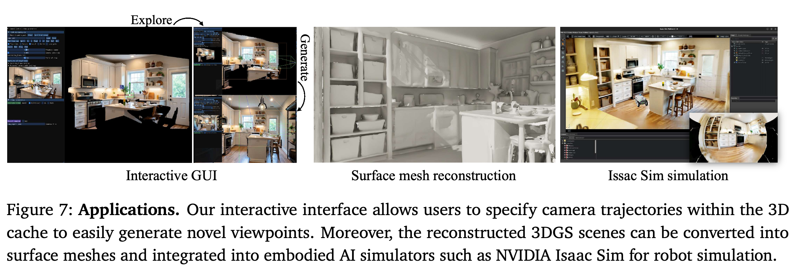Interactive exploration, surface-mesh reconstruction, and deployment in NVIDIA Isaac Sim.
