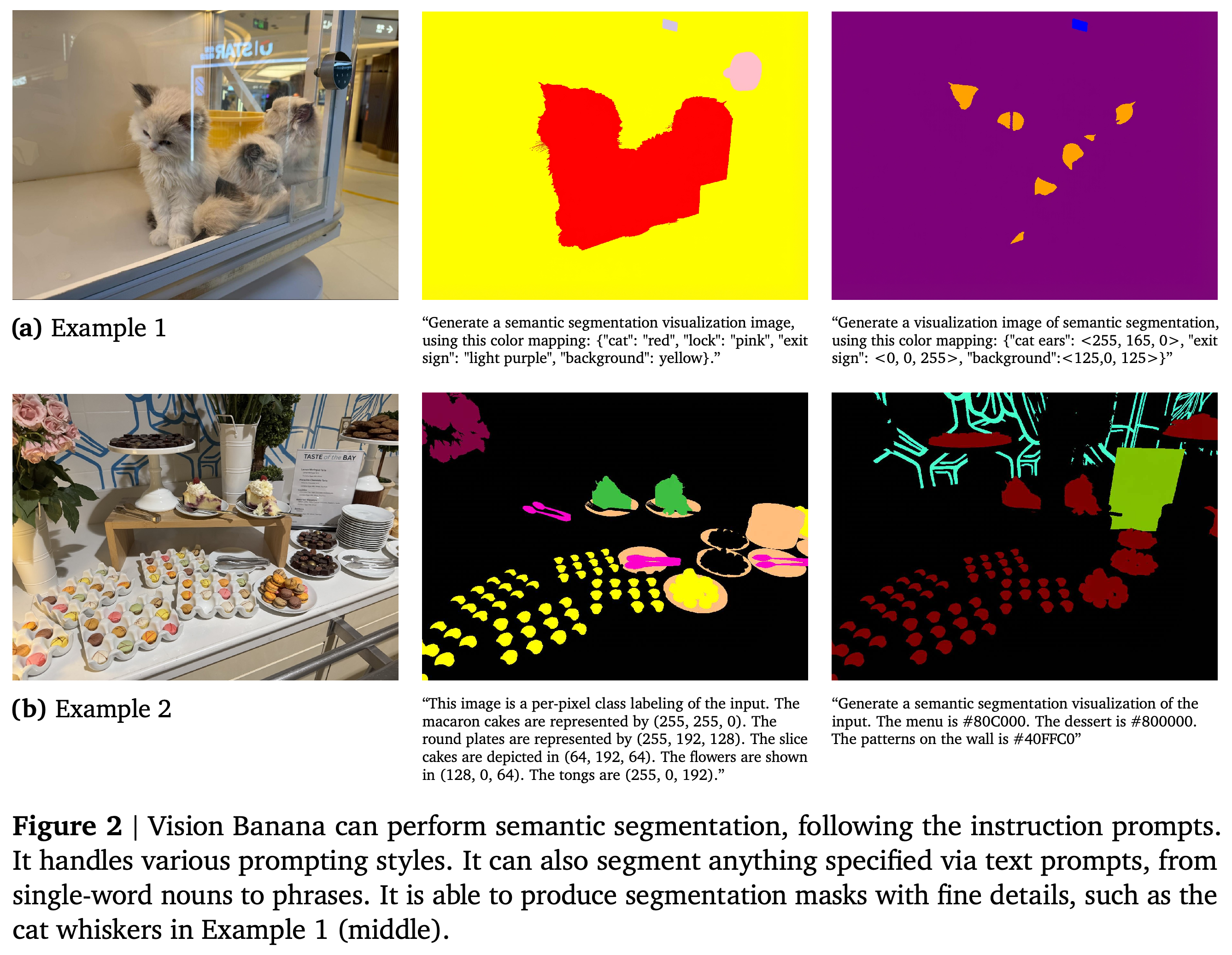 Prompt-dependent semantic-segmentation examples with named colors, RGB tuples, and hex codes.
