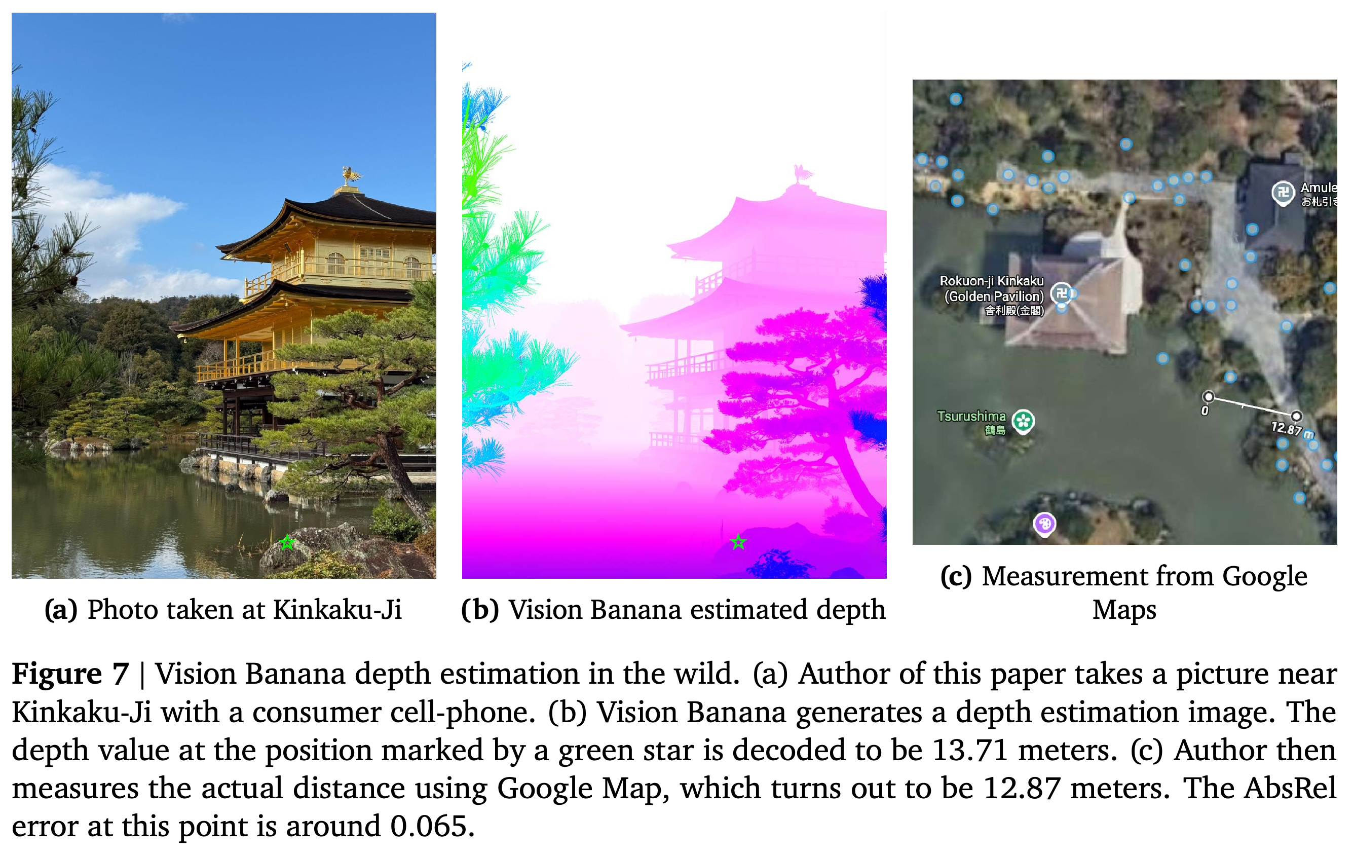 Smartphone photograph near Kinkaku-Ji with predicted depth and a Google Maps distance check.
