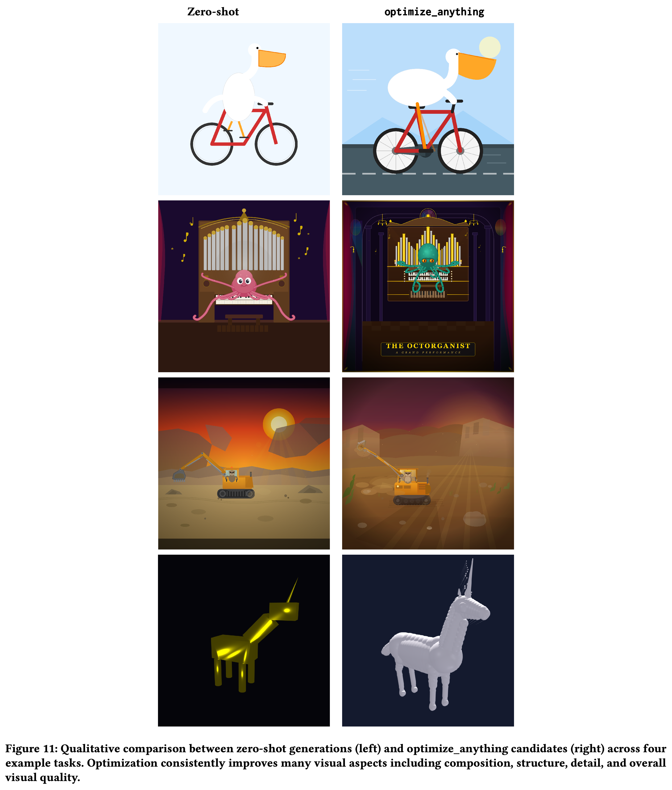 Zero-shot and optimized outputs for the pelican, octopus, sloth, and 3D unicorn goals.