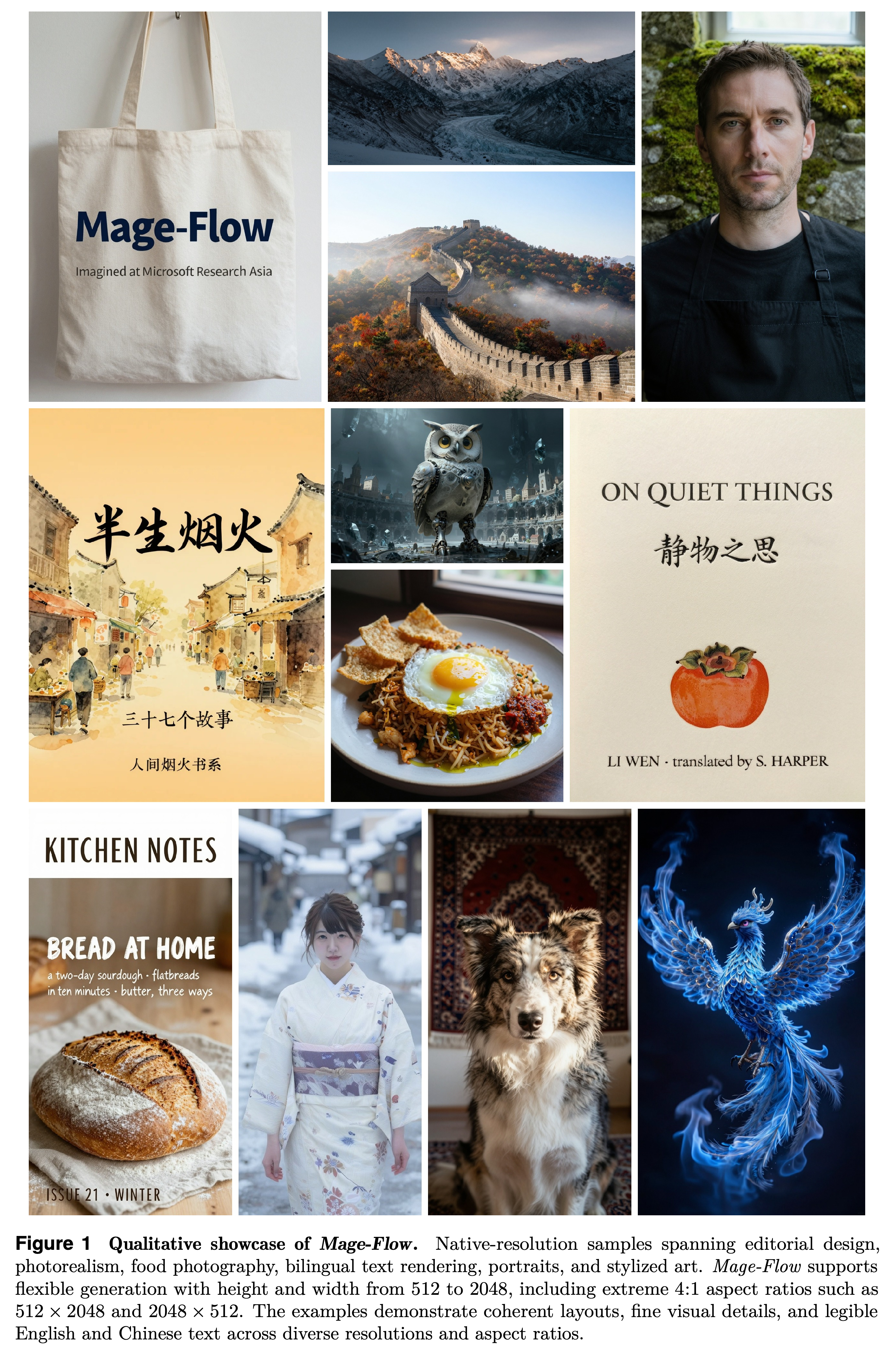 Native-resolution editorial, photorealistic, food, bilingual text, portrait, and stylized-art samples.