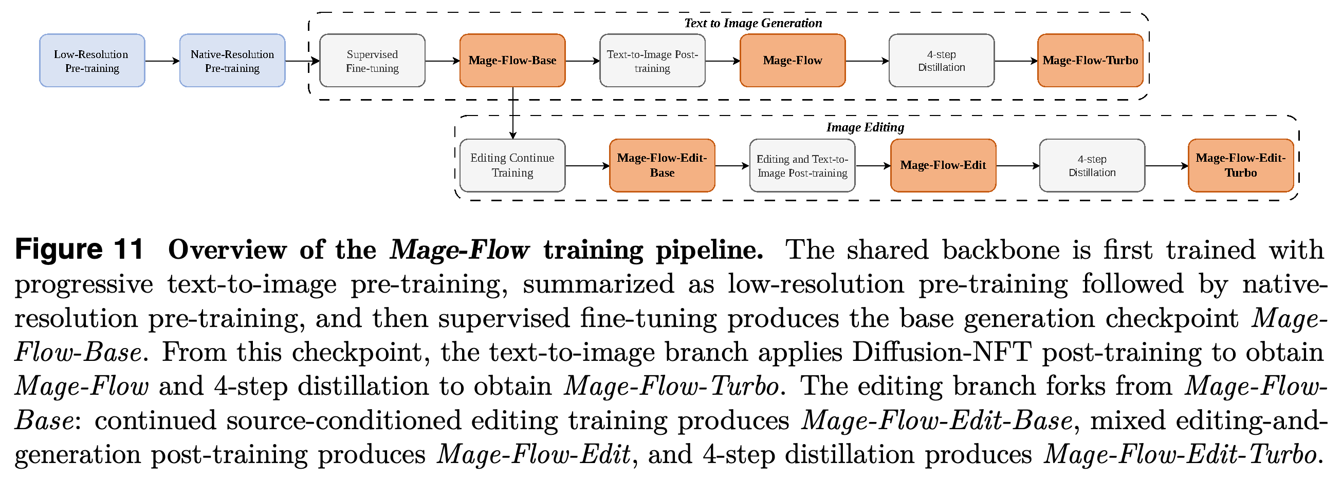 Shared Mage-Flow generation and editing training pipeline.