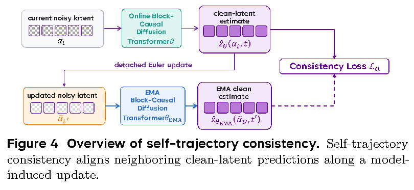 인접 denoising 상태의 clean-latent 예측을 정렬하는 self-trajectory consistency