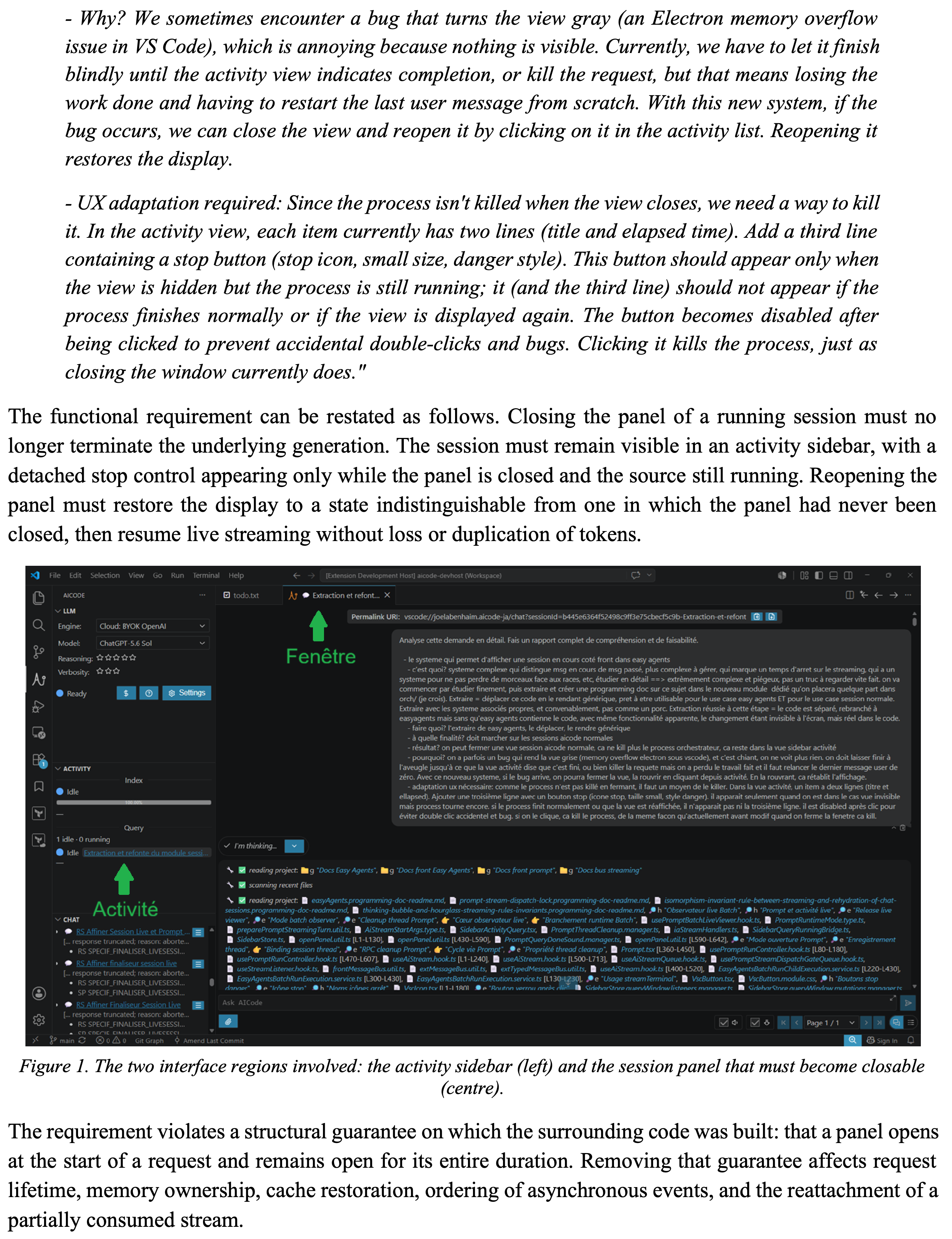 The activity sidebar and the session panel involved in the close-and-reattach behavior.