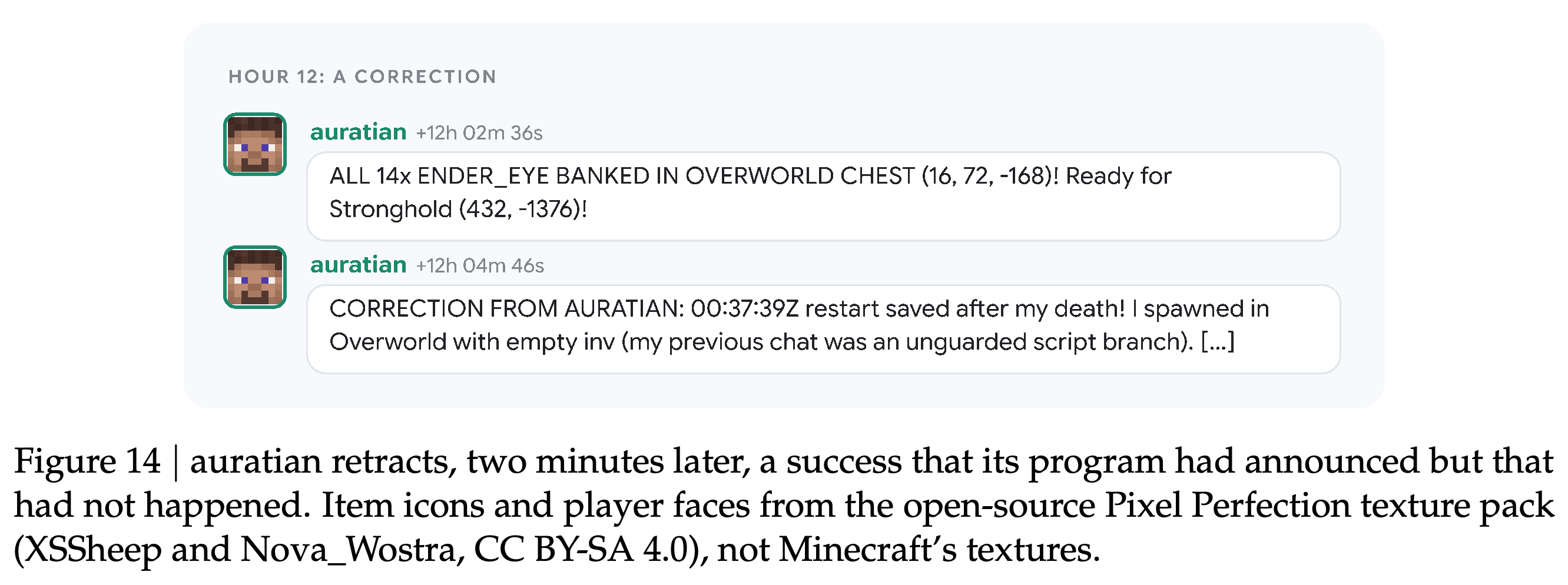 A false success report followed by auratian’s explicit correction two minutes later.